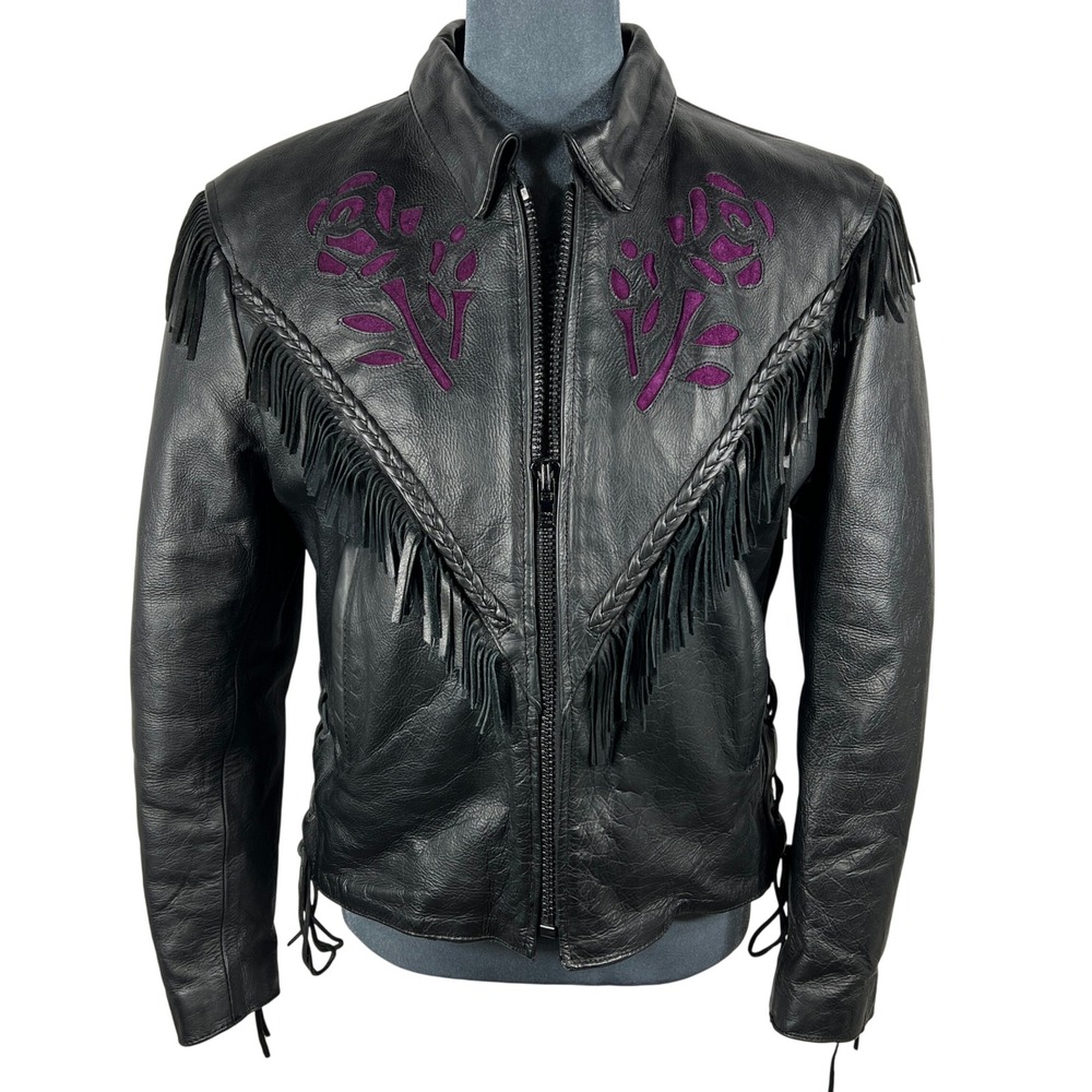 UNIK Leather Fringe Biker Jacket Small Black Purple Rose Inlay Motorcycle Goth - Picture 14 of 15